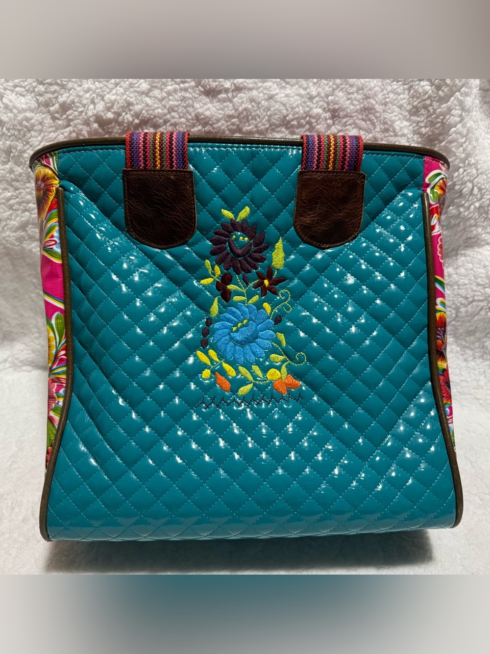 Consuela Teal Quilted Tote with Floral Embroidery